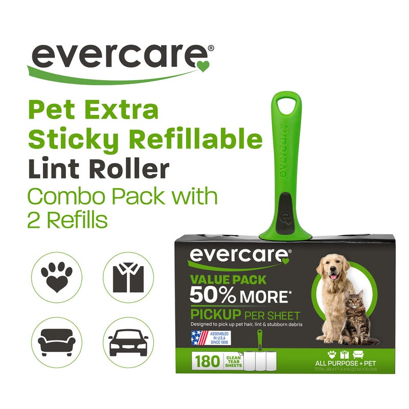 Evercare All Purpose Pet Hair Lint Roller with 2 Refills, 180 Total Sheets â€“ Reusable Sticky Roller for Pet Hair, Cat & Dog Hair Remover, Lint Remover, Pet Hair Remover for Furniture, Clothing & Cars - Image 2